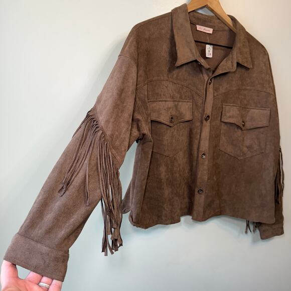 Ces Femme Women's Button Fringe Cropped Shirt Jacket Brown Size Medium NWT - Picture 3 of 7